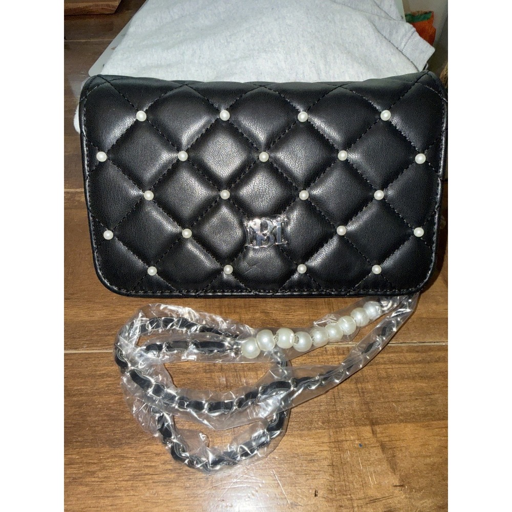 BADGLEY MISCHKA CROSSBODY BAG Diamond Quilted Pearl STUDS Silver Chain NWT $99.